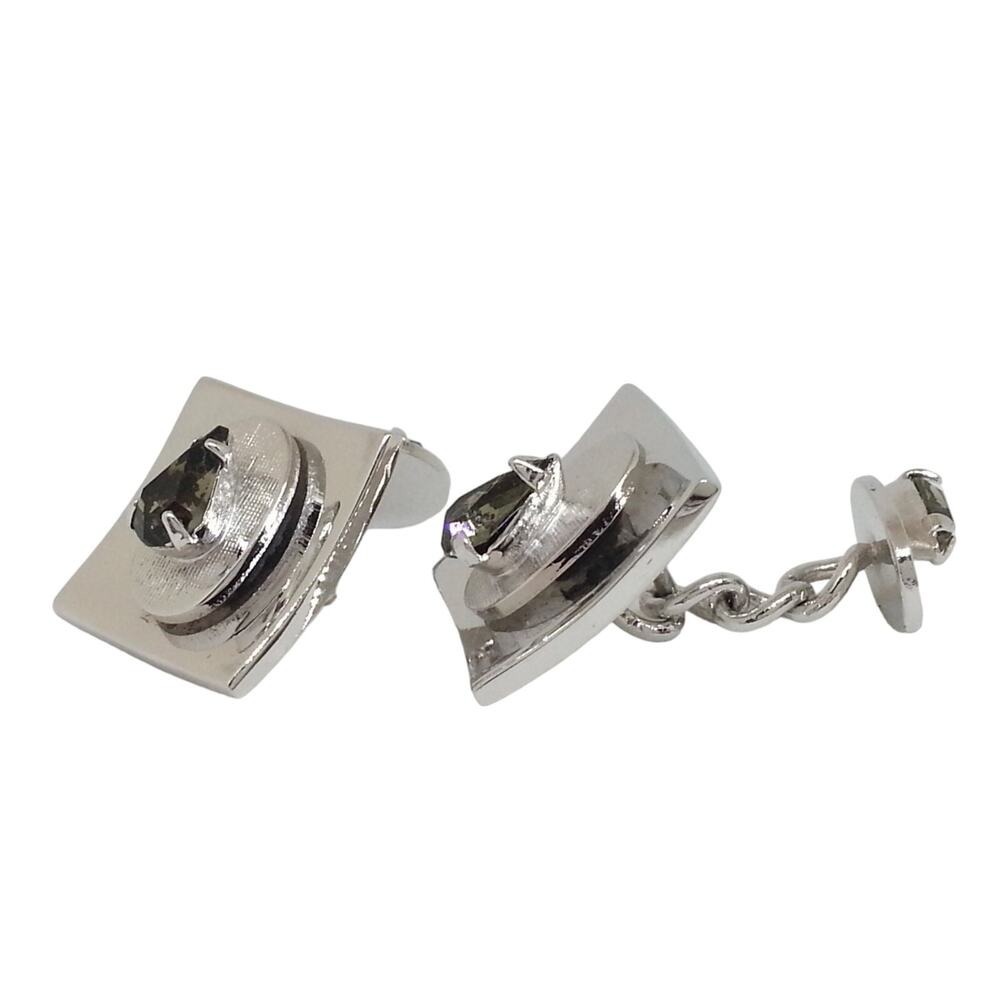 Smoke Faceted Glass Stone Cufflinks Silver Tone Teardrop Double Faced Chainlink
